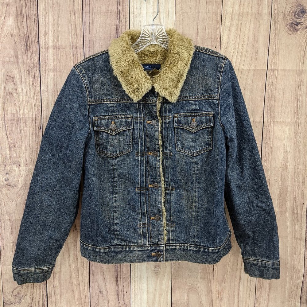 GAP Vintage Trucker Jacket Faux Fur Lining Button Up Sz L Jean Denim